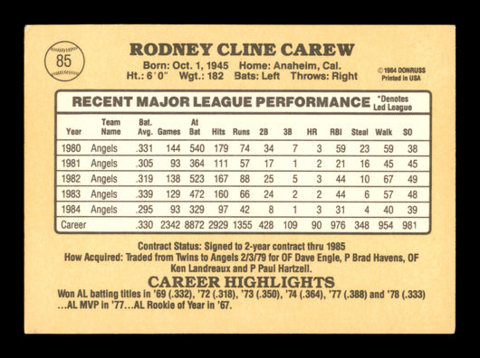 Rod Carew Autographed 1985 Donruss Card #85 California Angels SKU #186678