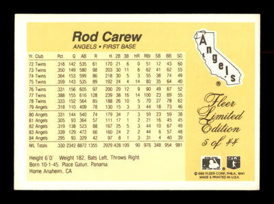 Rod Carew Autographed 1985 Fleer Limited Edition Card #5 California Angels SKU #186685