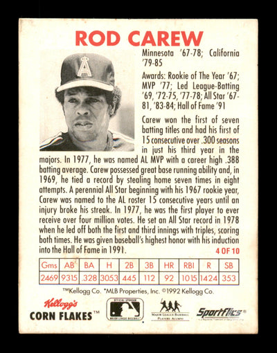 Rod Carew Autographed 1992 Kellogg's Sportflics Card #4 California Angels SKU #186745