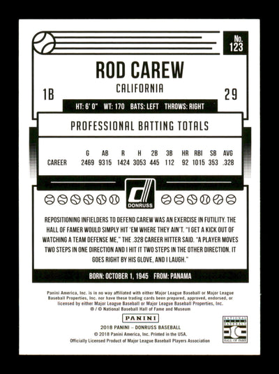 Rod Carew Autographed 2018 Donruss  Card #123 Minnesota Twins SKU #186796