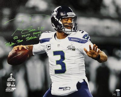 Russell Wilson Autographed Framed 24x30 Canvas Photo Seattle Seahawks "SB XLVIII Make Them Notice!" #1/48 Beckett BAS #WE98425