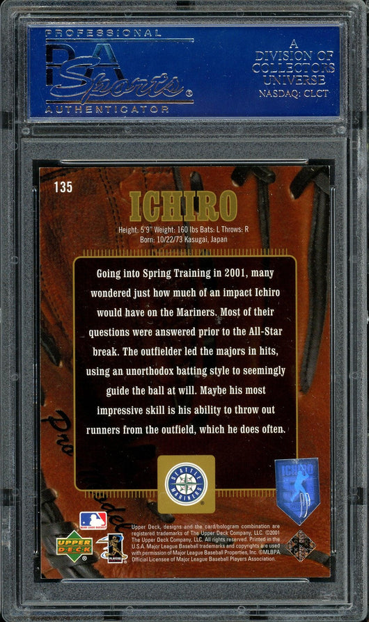 Ichiro Suzuki Autographed 2001 Upper Deck Gold Glove Rookie Card #135 Seattle Mariners #444/500 PSA/DNA #83118074