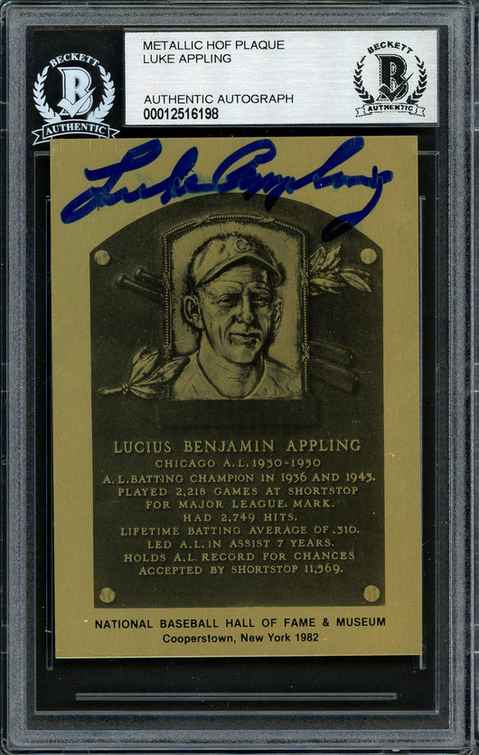 Luke Appling Autographed 1982 Metallic HOF Plaque Card Chicago White Sox Beckett BAS #12516198