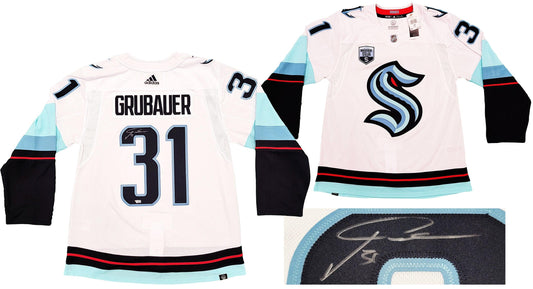 Seattle Kraken Philipp Grubauer Autographed White Adidas Jersey Inaugural Season Patch Fanatics Holo Stock #201665