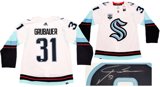 Seattle Kraken Philipp Grubauer Autographed White Adidas Jersey Inaugural Season Patch Fanatics Holo Stock #201665