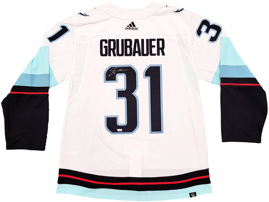Seattle Kraken Philipp Grubauer Autographed White Adidas Jersey Inaugural Season Patch Fanatics Holo Stock #201665