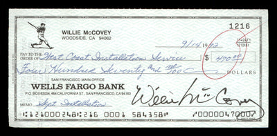 Willie McCovey Autographed 2.75x6 Check San Francisco Giants 1216 SKU #201475