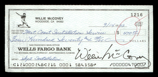 Willie McCovey Autographed 2.75x6 Check San Francisco Giants 1216 SKU #201475