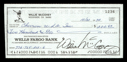 Willie McCovey Autographed 2.75x6 Check San Francisco Giants 1236 SKU #201479