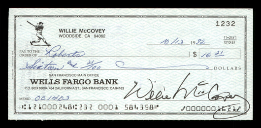 Willie McCovey Autographed 2.75x6 Check San Francisco Giants 1232 SKU #201482