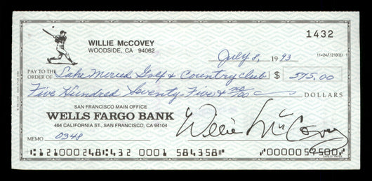 Willie McCovey Autographed 2.75x6 Check San Francisco Giants 1432 SKU #201491