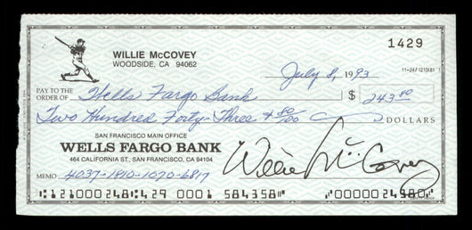 Willie McCovey Autographed 2.75x6 Check San Francisco Giants 1429 SKU #201494