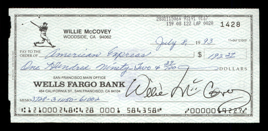 Willie McCovey Autographed 2.75x6 Check San Francisco Giants 1428 SKU #201495