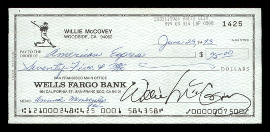 Willie McCovey Autographed 2.75x6 Check San Francisco Giants 1425 SKU #201496