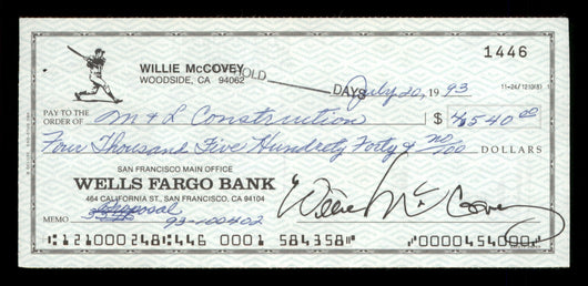 Willie McCovey Autographed 2.75x6 Check San Francisco Giants 1446 SKU #201497