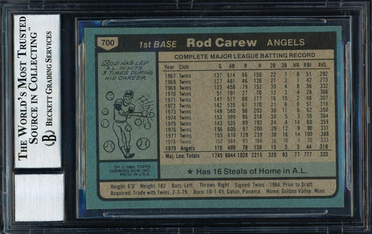 Rod Carew Autographed 1980 Topps Card #700 California Angels Signed Bottom Auto Grade 10 Beckett BAS Stock #186035