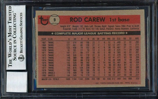 Rod Carew Autographed 1981 Topps Squirt Card #9 California Angels Auto Grade 10 Beckett BAS #12511128