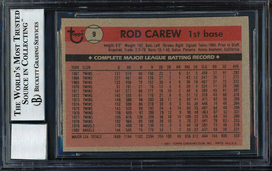 Rod Carew Autographed 1981 Topps Squirt Card #9 California Angels Auto Grade 10 Beckett BAS #12511128