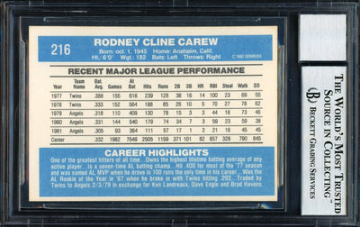 Rod Carew Autographed 1982 Donruss Card #216 California Angels Auto Grade 10 Beckett BAS #12511135