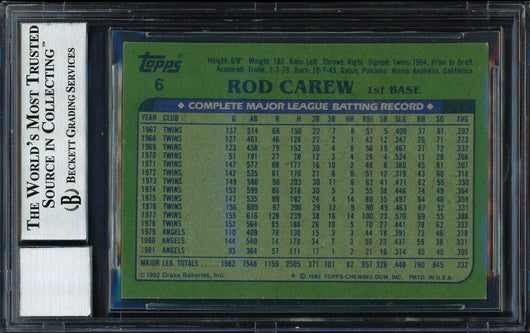 Rod Carew Autographed 1982 Topps Drake's Card #6 California Angels Auto Grade 10 Beckett BAS #12511247