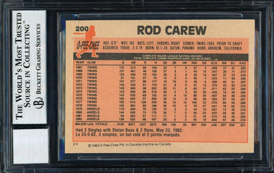 Rod Carew Autographed 1983 O-Pee-Chee Card #200 California Angels Auto Grade 10 Beckett BAS #12511306