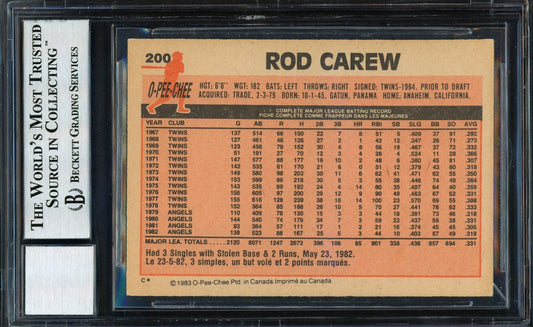 Rod Carew Autographed 1983 O-Pee-Chee Card #200 California Angels Auto Grade 10 Beckett BAS #12511305