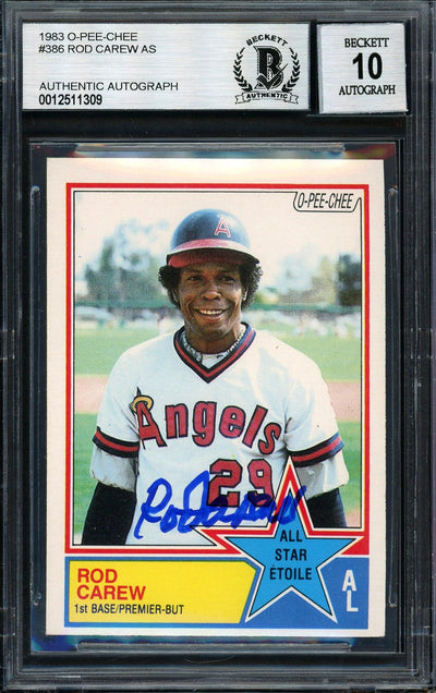 Rod Carew Autographed 1983 O-Pee-Chee Card #386 California Angels Auto Grade 10 Beckett BAS #12511309