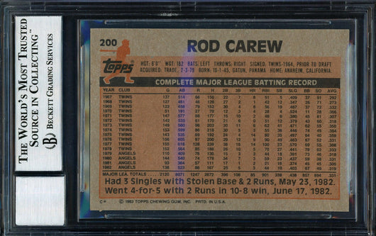 Rod Carew Autographed 1983 Topps Card #200 California Angels Auto Grade 10 Beckett BAS Stock #186067