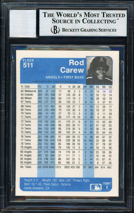 Rod Carew Autographed 1984 Fleer Card #511 California Angels Signed Middle Auto Grade 10 Beckett BAS Stock #186073