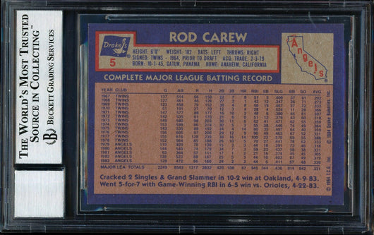 Rod Carew Autographed 1984 Topps Drake's Card #5 California Angels Auto Grade 10 Beckett BAS #12510574