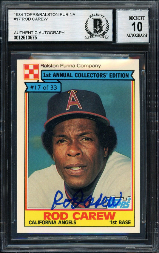 Rod Carew Autographed 1984 Topps Ralston Purina Card #17 California Angels Auto Grade 10 Beckett BAS #12510575