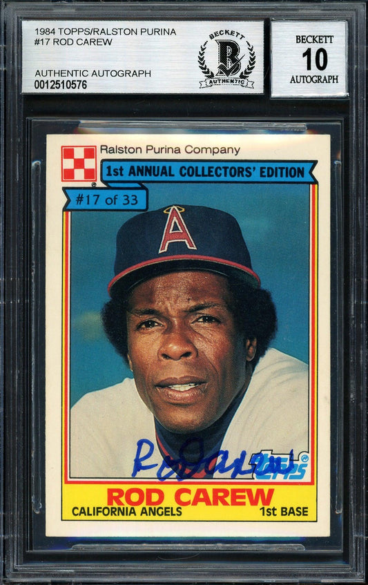 Rod Carew Autographed 1984 Topps Ralston Purina Card #17 California Angels Auto Grade 10 Beckett BAS #12510576
