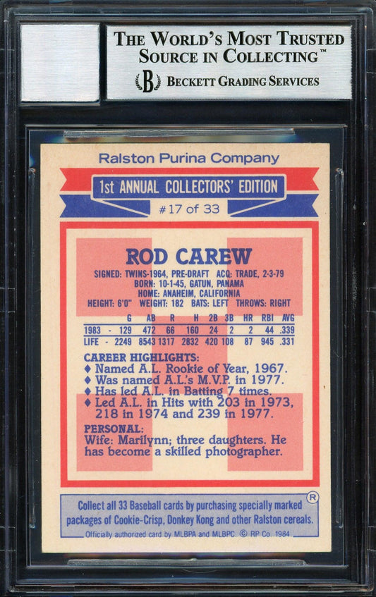 Rod Carew Autographed 1984 Topps Ralston Purina Card #17 California Angels Auto Grade 10 Beckett BAS #12510577