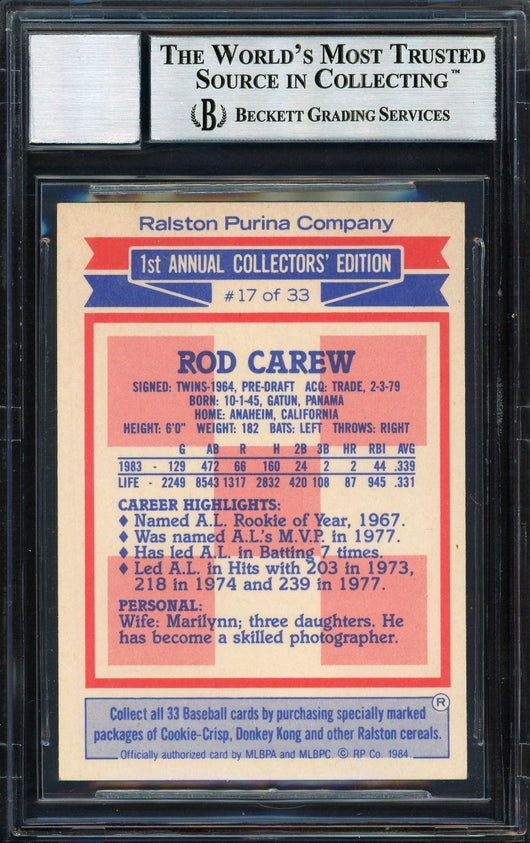 Rod Carew Autographed 1984 Topps Ralston Purina Card #17 California Angels Auto Grade 10 Beckett BAS #12510577