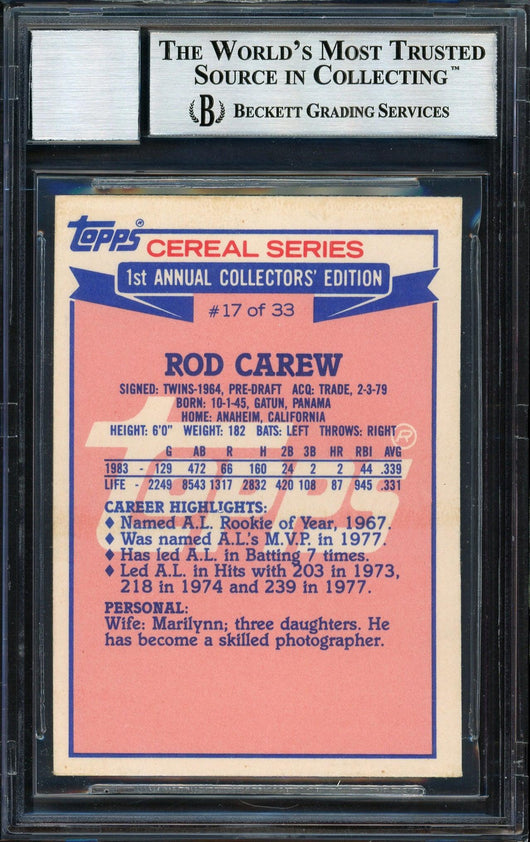 Rod Carew Autographed 1984 Topps Ralston Purina Card #17 California Angels Auto Grade 10 Beckett BAS #12510579
