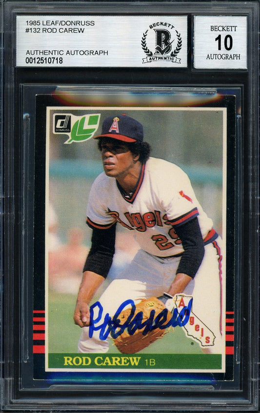 Rod Carew Autographed 1985 Leaf Card #132 California Angels Auto Grade 10 Beckett BAS #12510718