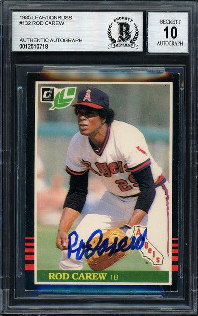 Rod Carew Autographed 1985 Leaf Card #132 California Angels Auto Grade 10 Beckett BAS #12510718