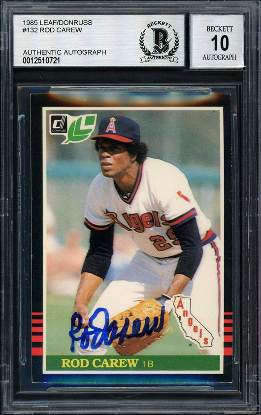 Rod Carew Autographed 1985 Leaf Card #132 California Angels Auto Grade 10 Beckett BAS #12510721