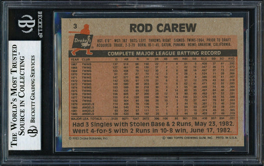 Rod Carew Autographed 1983 Topps Drake's Card #3 California Angels Beckett BAS #12511923