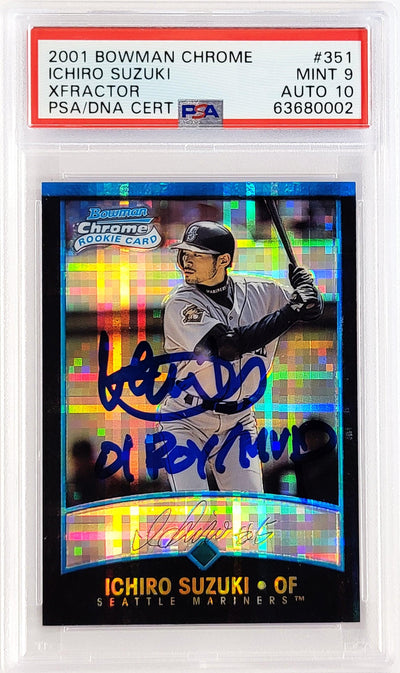 Ichiro Suzuki Autographed 2001 Bowman Chrome XFractor Rookie Card #351 Seattle Mariners PSA 9 Auto Grade Gem Mint 10 "01 ROY MVP" Highest Graded PSA/DNA #63680002