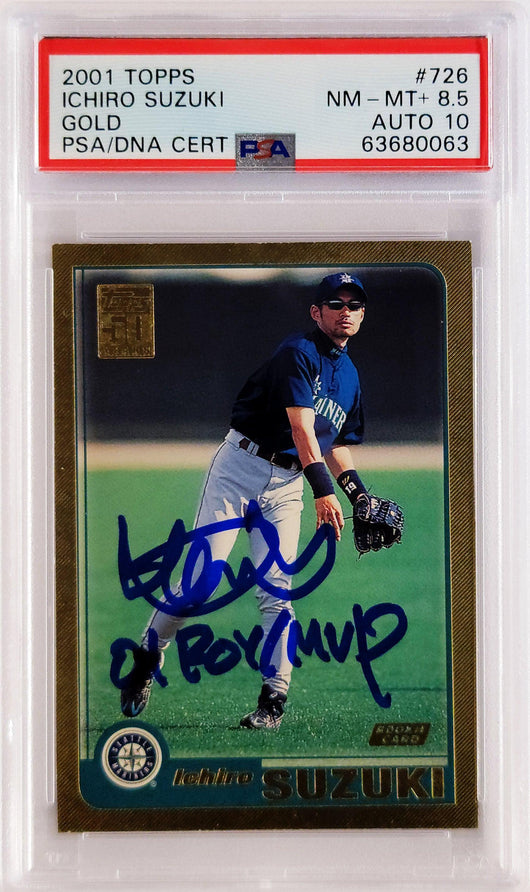 Ichiro Suzuki Autographed 2001 Topps Gold Rookie Card #726 Seattle Mariners PSA 8.5 Auto Grade Gem Mint 10 "01 ROY MVP" PSA/DNA #63680063