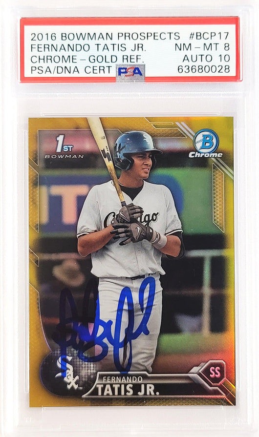 Fernando Tatis Jr. Autographed 2016 Bowman Prospects Chrome Gold Refractor Rookie Card #BCP17 San Diego Padres PSA 8 Auto Grade Gem Mint 10 #/50 PSA/DNA #63680028