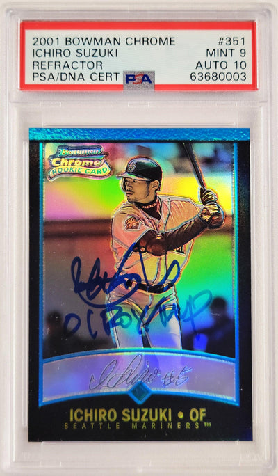 Ichiro Suzuki Autographed 2001 Bowman Chrome Refractor Rookie Card #351 Seattle Mariners PSA 9 Auto Grade Gem Mint 10 "01 ROY/MVP" PSA/DNA #63680003