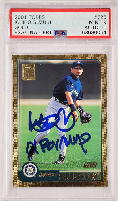 Ichiro Suzuki Autographed 2001 Topps Gold Rookie Card #726 Seattle Mariners PSA 9 Auto Grade Gem Mint 10 "01 ROY/MVP" Highest Graded PSA/DNA #63680064