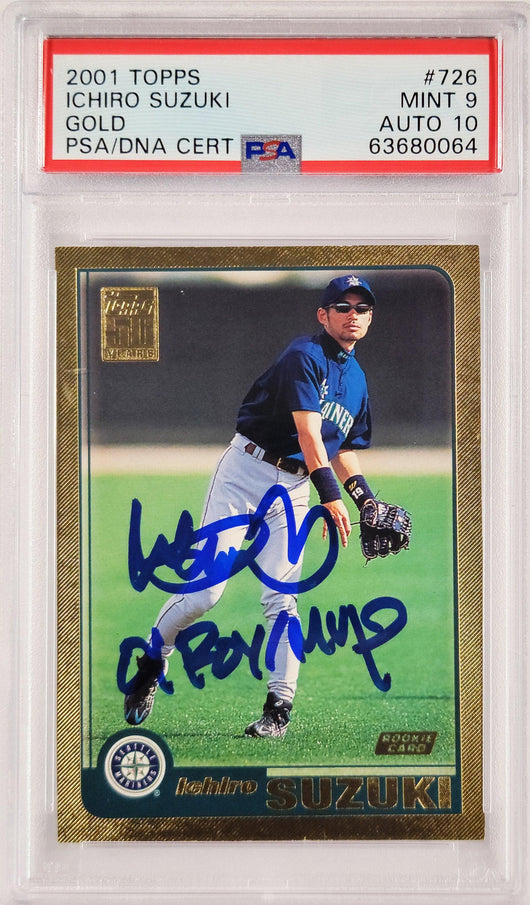 Ichiro Suzuki Autographed 2001 Topps Gold Rookie Card #726 Seattle Mariners PSA 9 Auto Grade Gem Mint 10 "01 ROY/MVP" Highest Graded PSA/DNA #63680064
