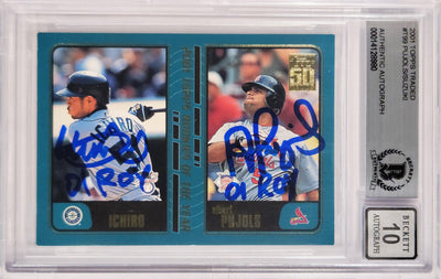 Albert Pujols & Ichiro Suzuki Autographed 2001 Topps Traded Rookie Card #T99 Auto Grade Gem Mint 10 "01 ROY" Beckett BAS #14128980