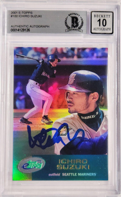 Ichiro Suzuki Autographed 2001 eTopps Rookie Card #100 Seattle Mariners Auto Grade Gem Mint 10 Beckett BAS #14129126