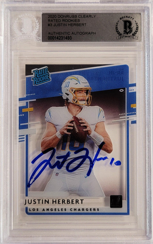 Justin Herbert Autographed 2020 Donruss Clearly Rated Rookie Card #RR-JH Los Angeles Chargers Beckett BAS #14231493