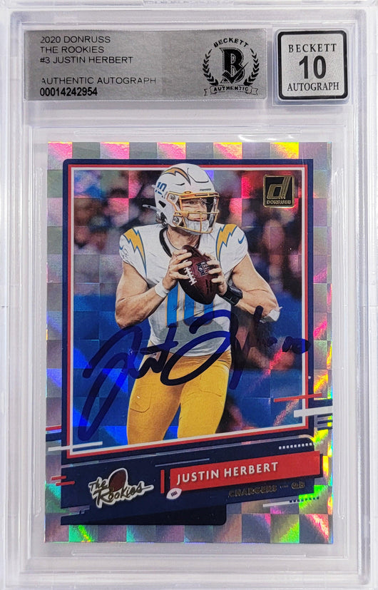 Justin Herbert Autographed 2020 Donruss Optic The Rookies Checkerboard Rookie Card #TR-JH Los Angeles Chargers Auto Grade Gem Mint 10 Beckett BAS Stock #206673