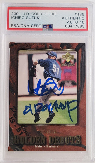Ichiro Suzuki Autographed 2001 UD Gold Glove Rookie Card #135 Seattle Mariners Auto Grade Gem Mint 10 "01 ROY/MVP" #354/500 PSA/DNA #60417695